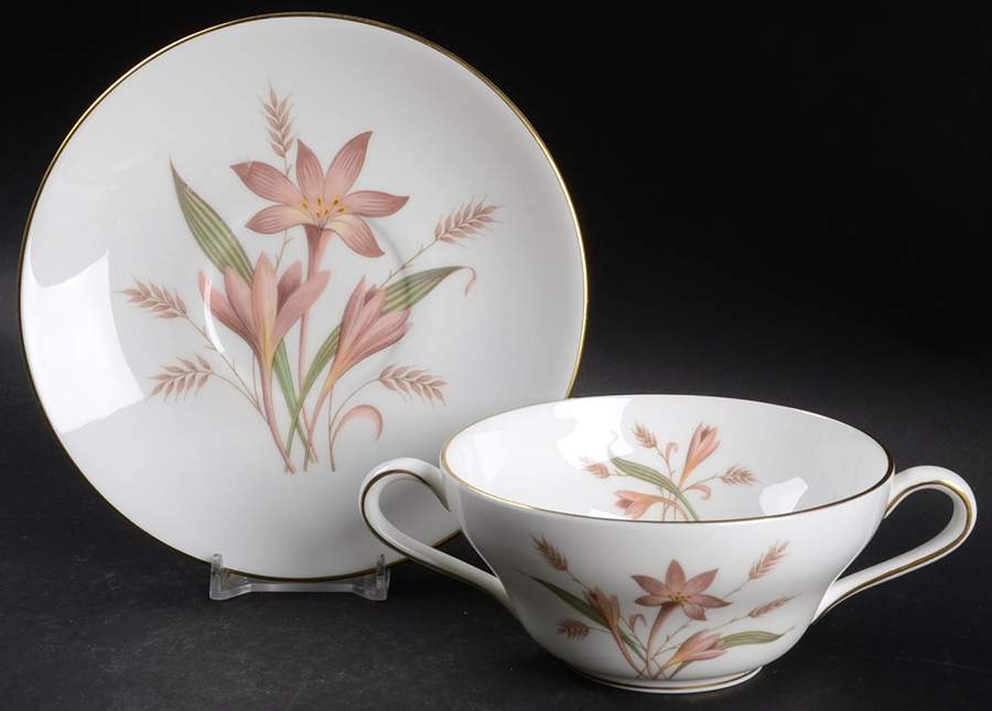 Crocus (Gold Trim) Flat Cream Soup Bowl & Saucer Set by Wedgwood-1