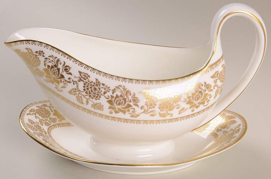 Damask Gold Gravy Boat with Attached Underplate by Wedgwood-1