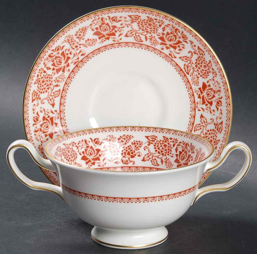 Damask Red Footed Cream Soup Bowl & Saucer Set by Wedgwood-1