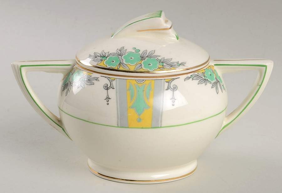 Devonshire (Green & Yellow) Sugar Bowl & Lid by Wedgwood-1