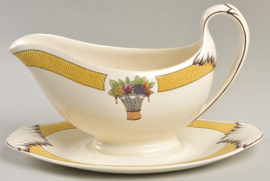 Directoire (Yellow Band, Smooth) Gravy Boat with Attached Underplate by Wedgwood-1