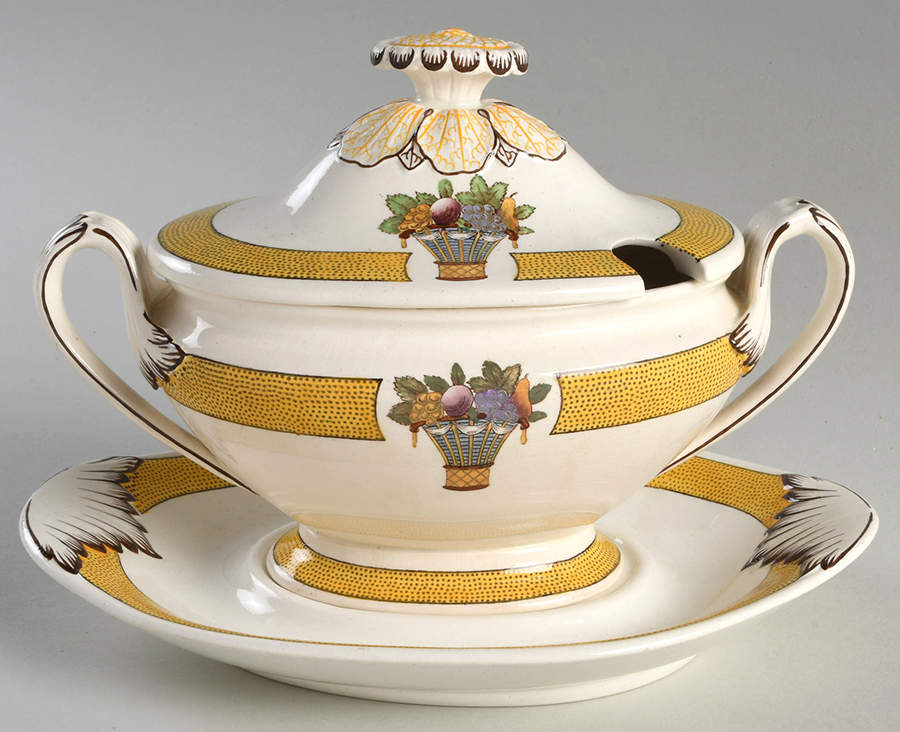 Directoire (Yellow Band, Smooth) Sauce Boat & Lid with Underplate by Wedgwood-1