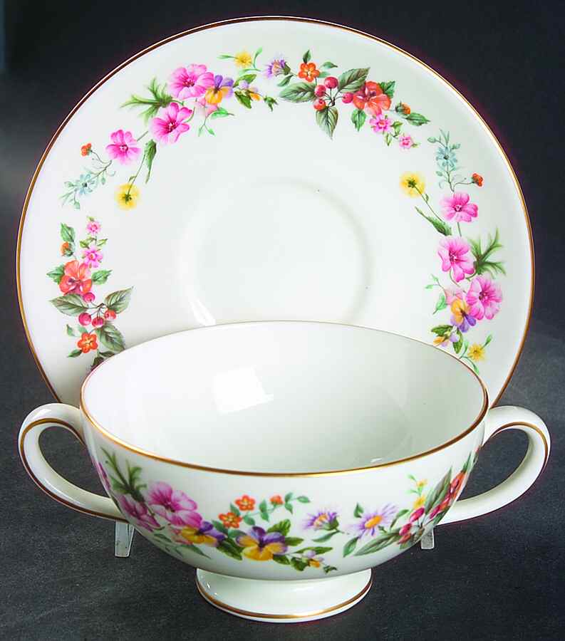 Downland (Gold Trim) Footed Cream Soup Bowl & Saucer Set by Wedgwood-1
