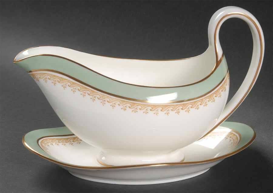 Eccles Bead Celadon Gravy Boat with Attached Underplate by Wedgwood-1
