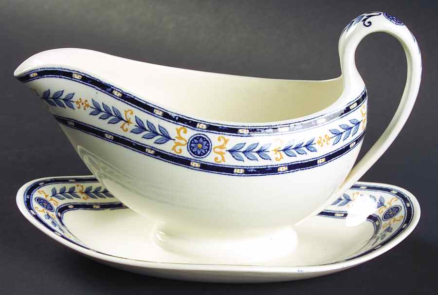 The Etruria (Blue Laurel) Gravy Boat with Attached Underplate by Wedgwood-1