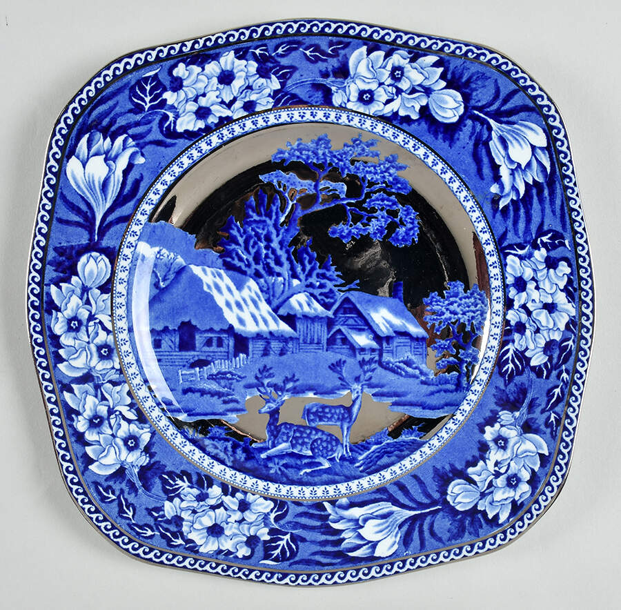 Fallow Deer Blue (Platinum Trim) Square Salad Plate by Wedgwood-1