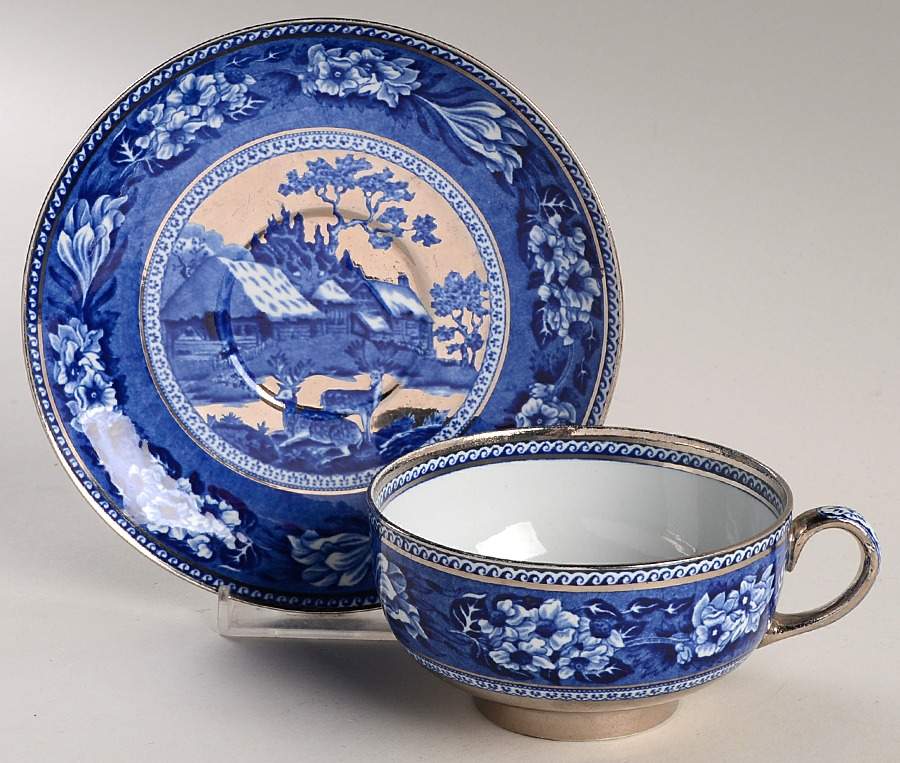 Fallow Deer Blue (Platinum Trim) Flat Cup & Saucer Set by Wedgwood-1