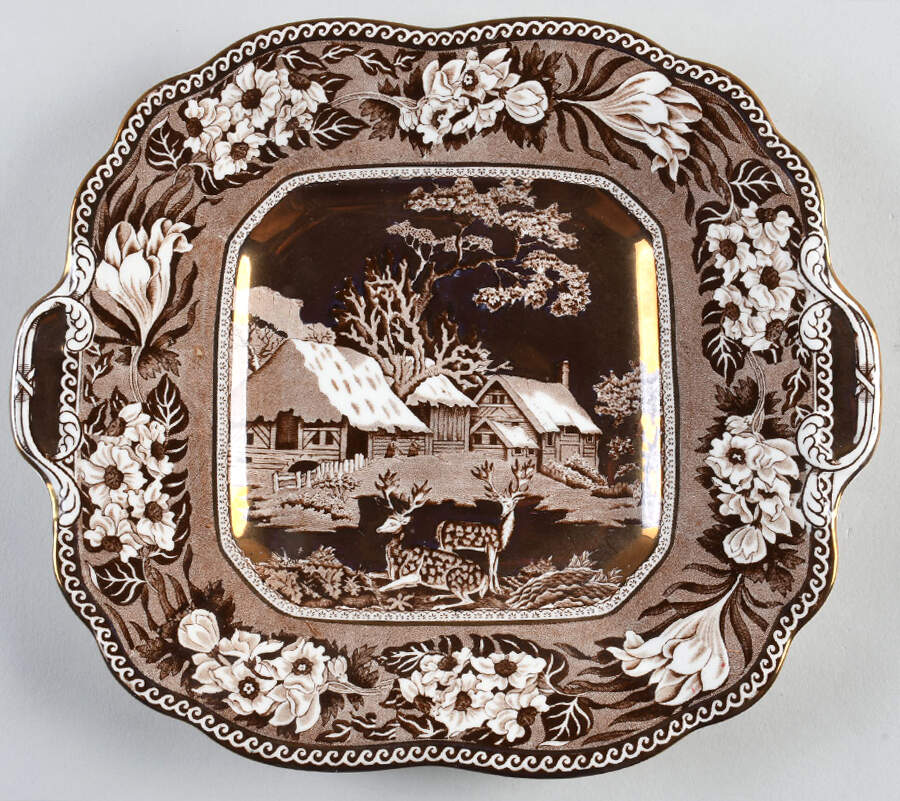 Fallow Deer Brown (Gold Trim) Handled Cake Plate by Wedgwood-1