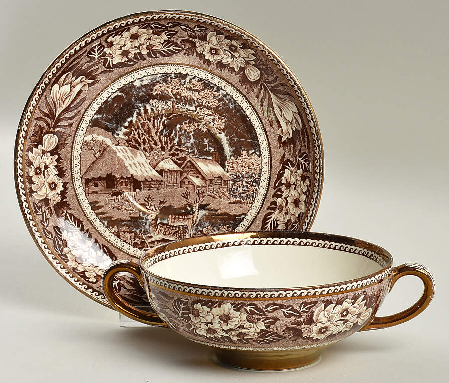 Fallow Deer Brown (Gold Trim) Flat Cream Soup Bowl & Saucer Set by Wedgwood-1