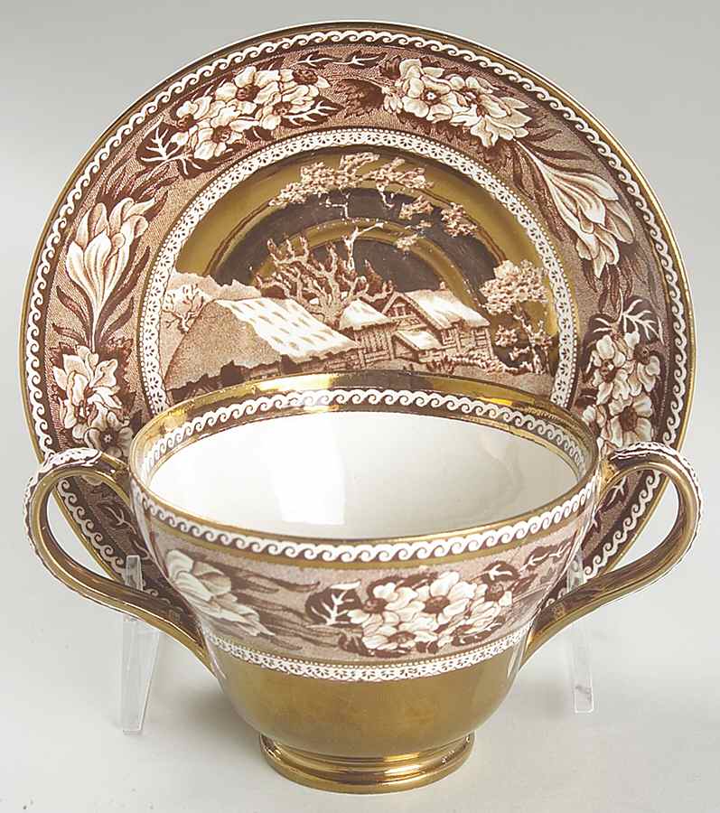 Fallow Deer Brown (Gold Trim) Footed Bouillon Cup & Saucer by Wedgwood-1
