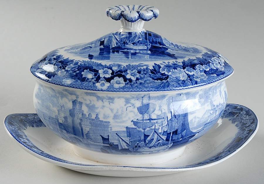 Ferrara Blue (No Trim) Sauce Boat with Attached Underplate & Lid by Wedgwood-1