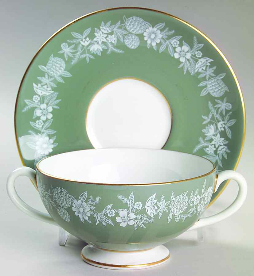 Fieldfare Green Footed Cream Soup Bowl & Saucer Set by Wedgwood-1