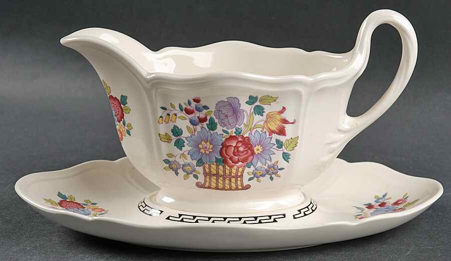 Floral Basket Gravy Boat with Attached Underplate by Wedgwood-1