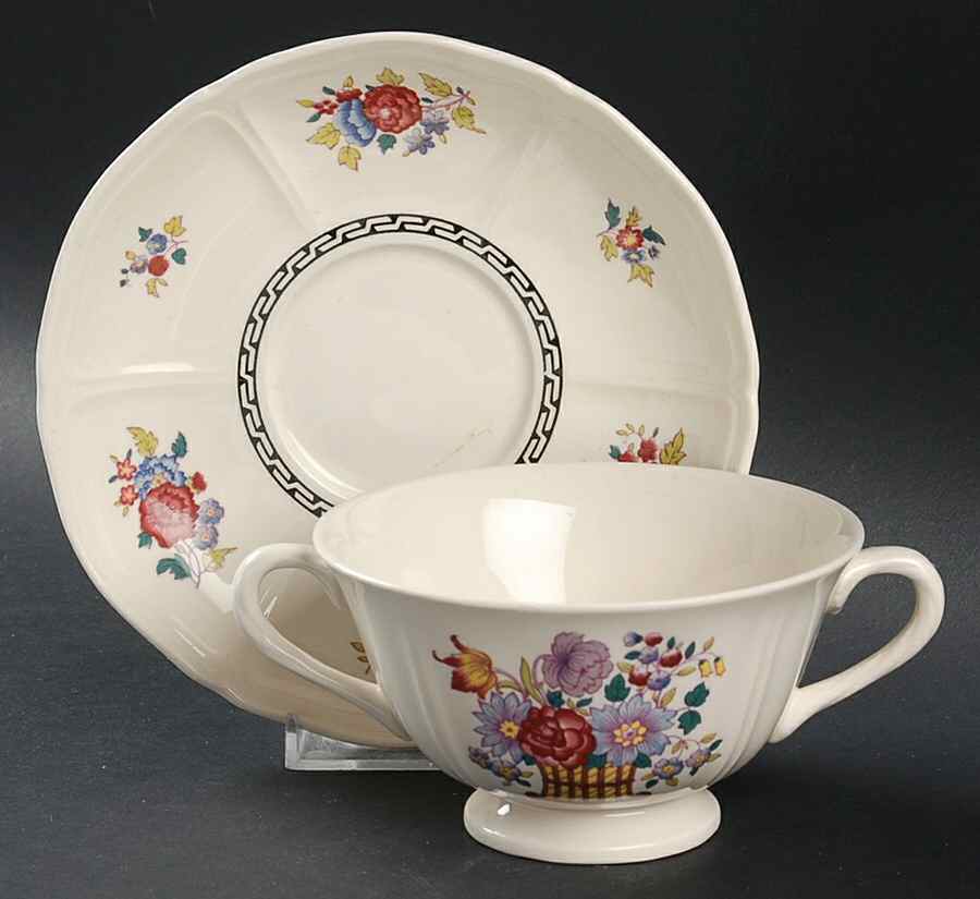 Floral Basket Footed Cream Soup Bowl & Saucer Set by Wedgwood-1