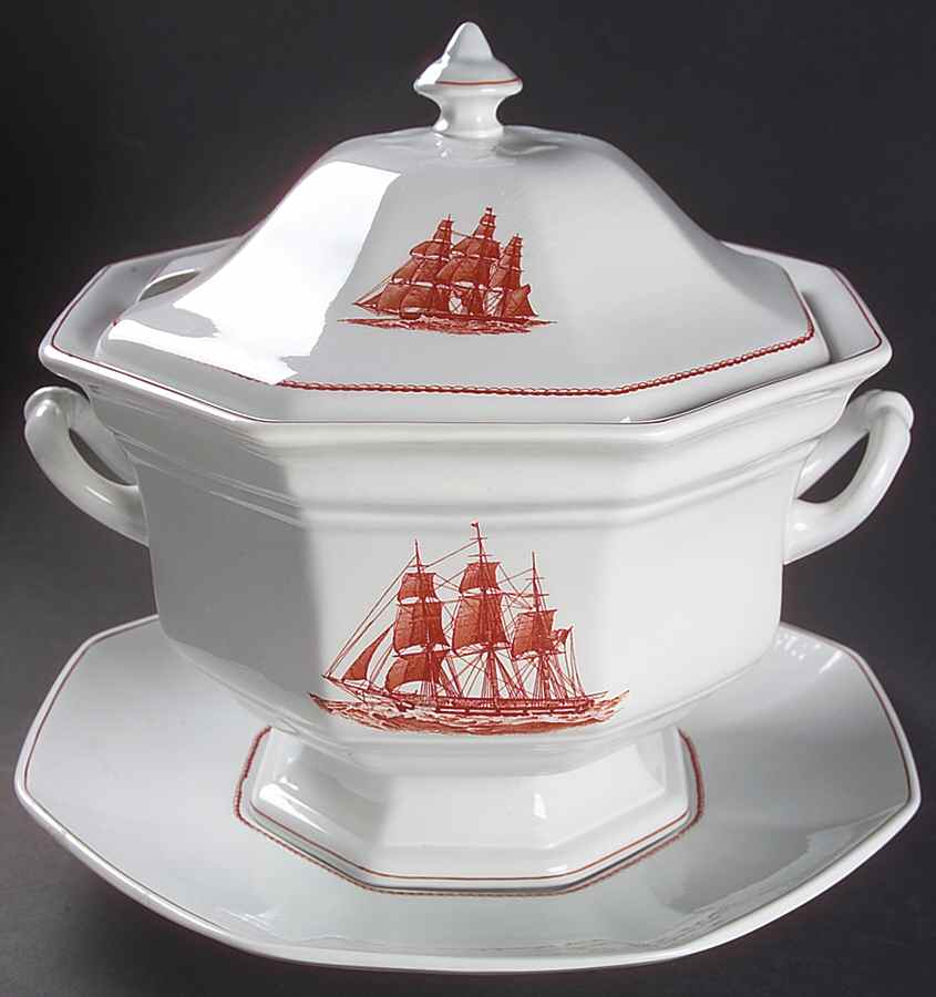 Flying Cloud Rust Octagonal Tureen & Lid with Underplate by Wedgwood-1