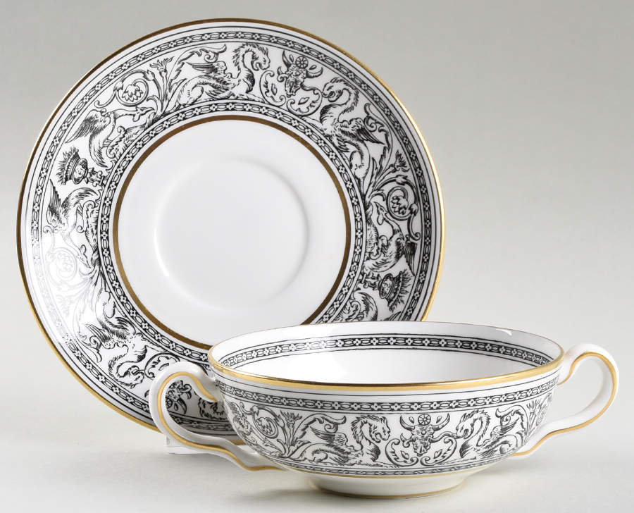 Florentine Black (Black Dragons) Flat Cream Soup Bowl & Saucer Set by Wedgwood-1