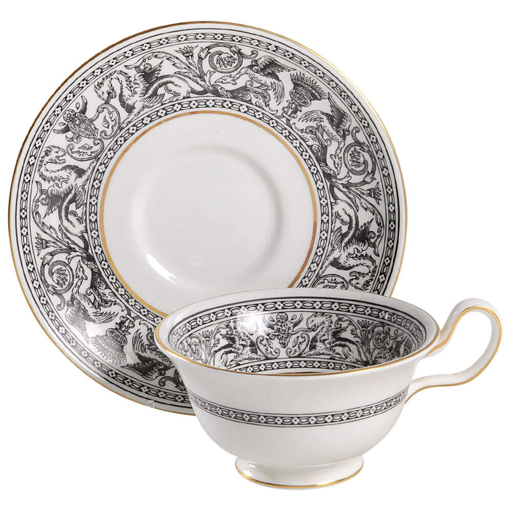 Florentine Black (Black Dragons) Peony Shape Footed Cup & Saucer Set by Wedgwood-1