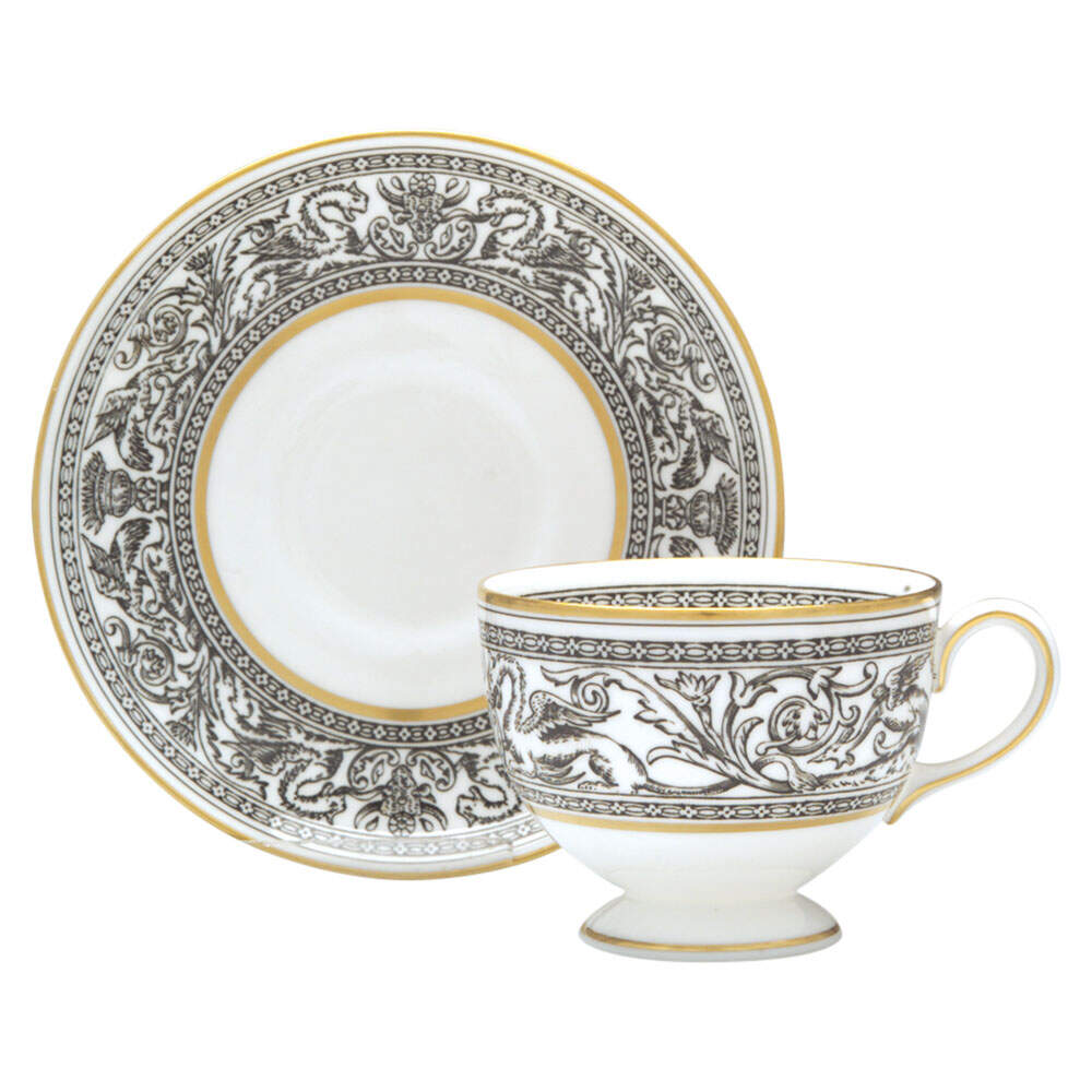 Florentine Black (Black Dragons) Leigh Shape Footed Cup & Saucer Set by Wedgwood-1