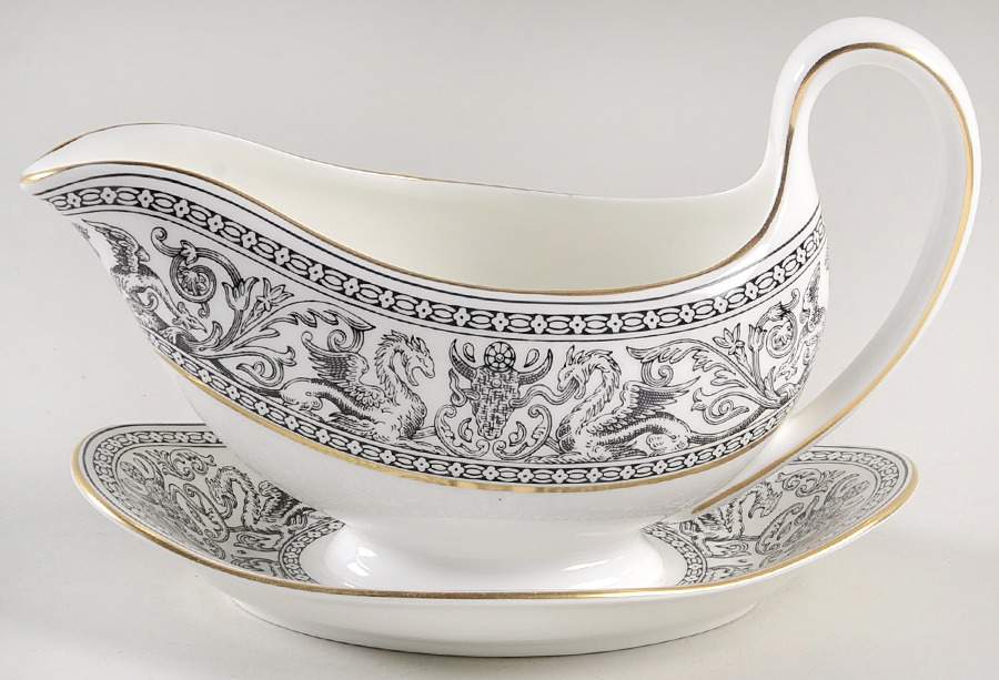 Florentine Black (Black Dragons) Gravy Boat with Attached Underplate by Wedgwood-1
