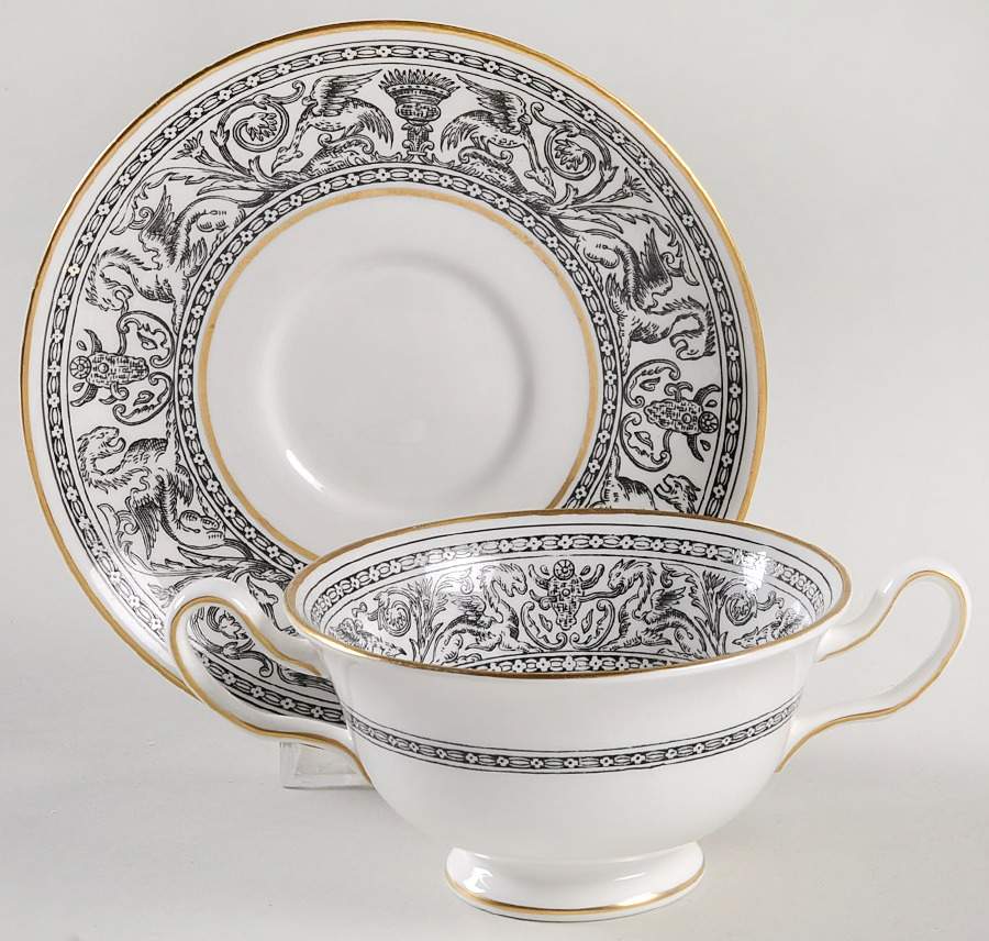 Florentine Black (Black Dragons) Footed Cream Soup Bowl & Saucer Set by Wedgwood-1