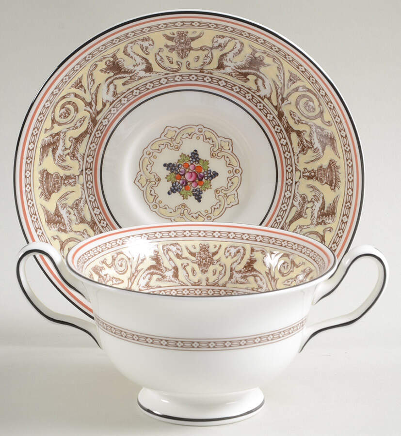 Florentine Brown (Brown Fruit Center) Cream Soup Bowl & Saucer Set by Wedgwood-1