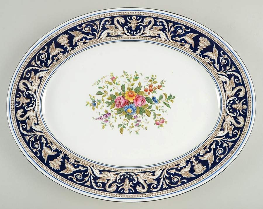 Florentine Dark Blue Rim (Floral Center) 17" Oval Serving Platter by Wedgwood-1