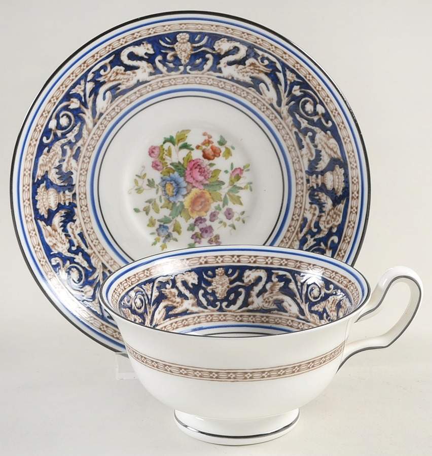Florentine Dark Blue Rim (Floral Center) Peony Shape Footed Cup & Saucer Set by Wedgwood-1