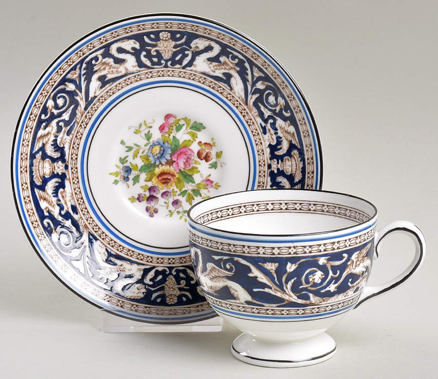 Florentine Dark Blue Rim (Floral Center) Leigh Shape Footed Cup & Saucer Set by Wedgwood-1