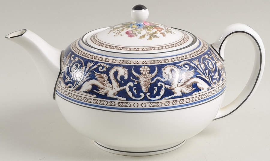 Florentine Dark Blue Rim (Floral Center) Teapot & Lid by Wedgwood-1