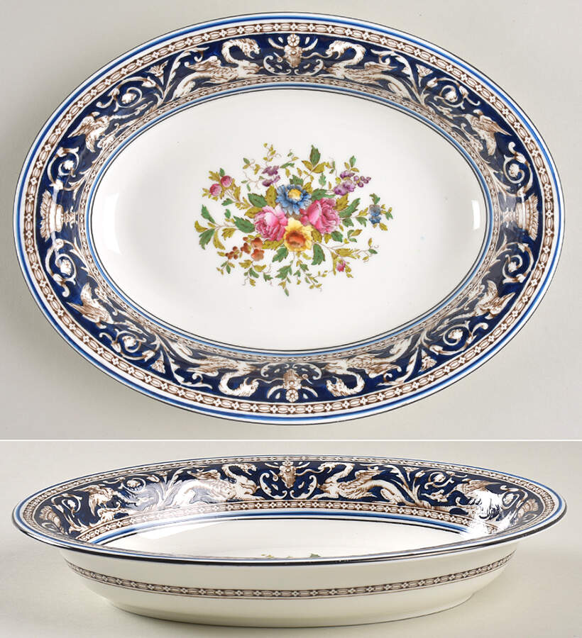 Florentine Dark Blue Rim (Floral Center) 10" Oval Vegetable Bowl by Wedgwood-1
