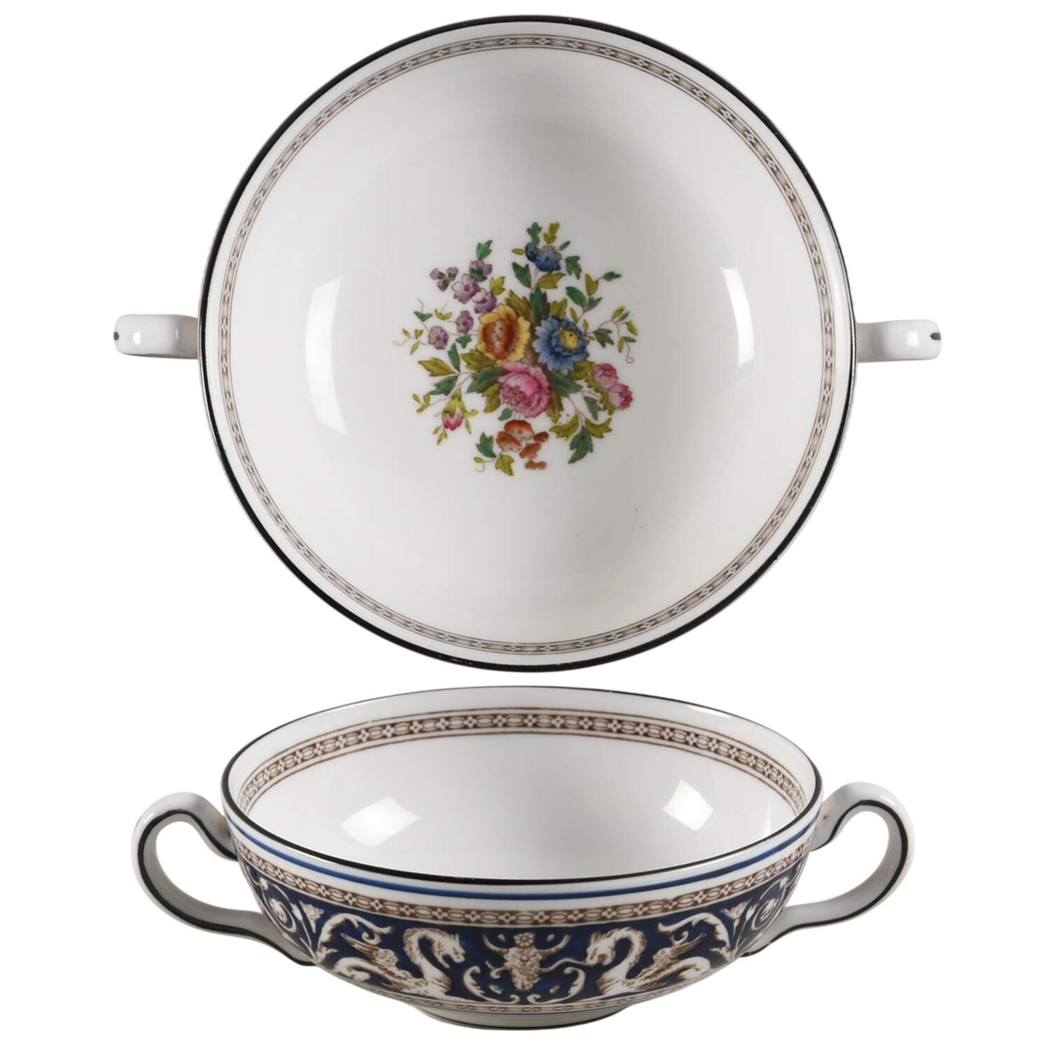 Florentine Dark Blue Rim (Floral Center) Flat Cream Soup Bowl by Wedgwood-1