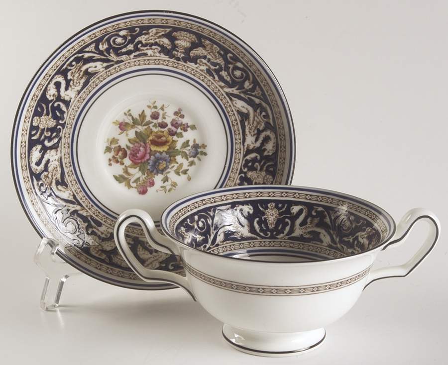 Florentine Dark Blue Rim (Floral Center) Footed Bouillon Cup & Saucer by Wedgwood-1
