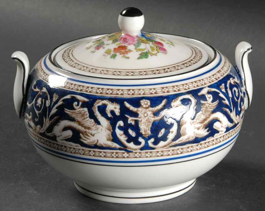 Florentine Dark Blue Rim (Floral Center) 146 Shape Sugar Bowl & Lid by Wedgwood-1
