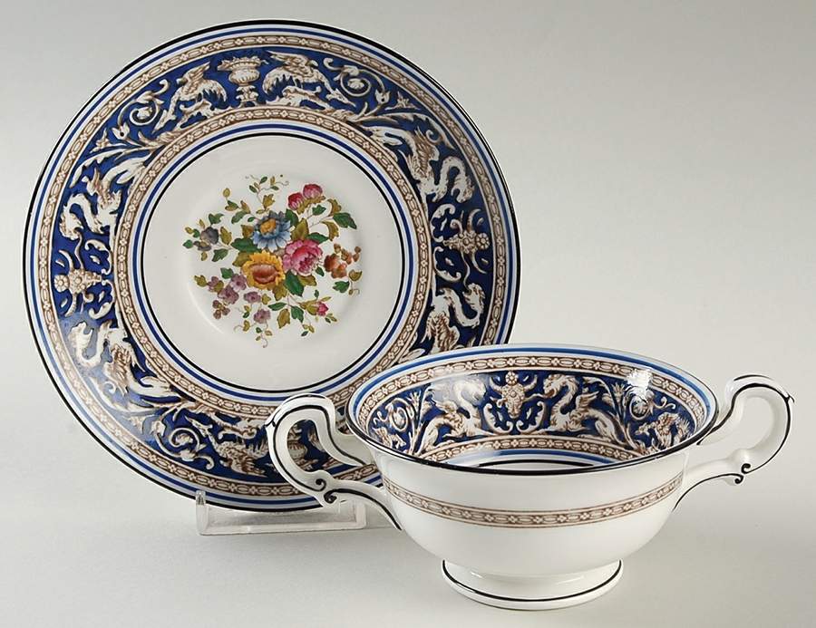 Florentine Dark Blue Rim (Floral Center) Footed Bouillon Cup & Saucer by Wedgwood-1