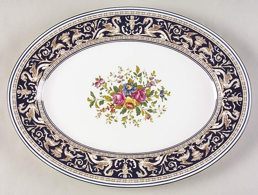 Florentine Dark Blue Rim (Floral Center) 13" Oval Serving Platter by Wedgwood-1