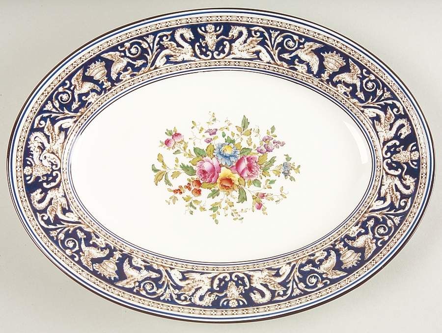 Florentine Dark Blue Rim (Floral Center) 11" Oval Serving Platter by Wedgwood-1