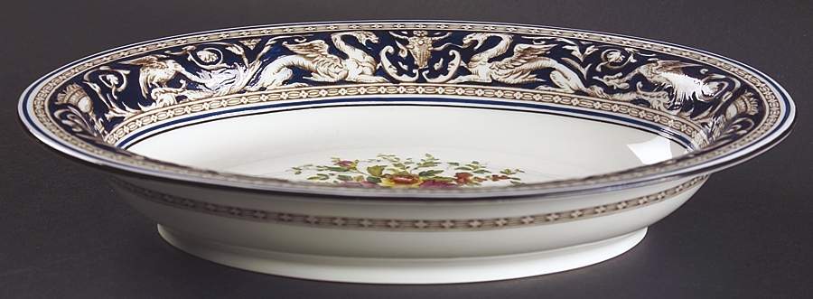 Florentine Dark Blue Rim (Floral Center) 9" Oval Vegetable Bowl by Wedgwood-1