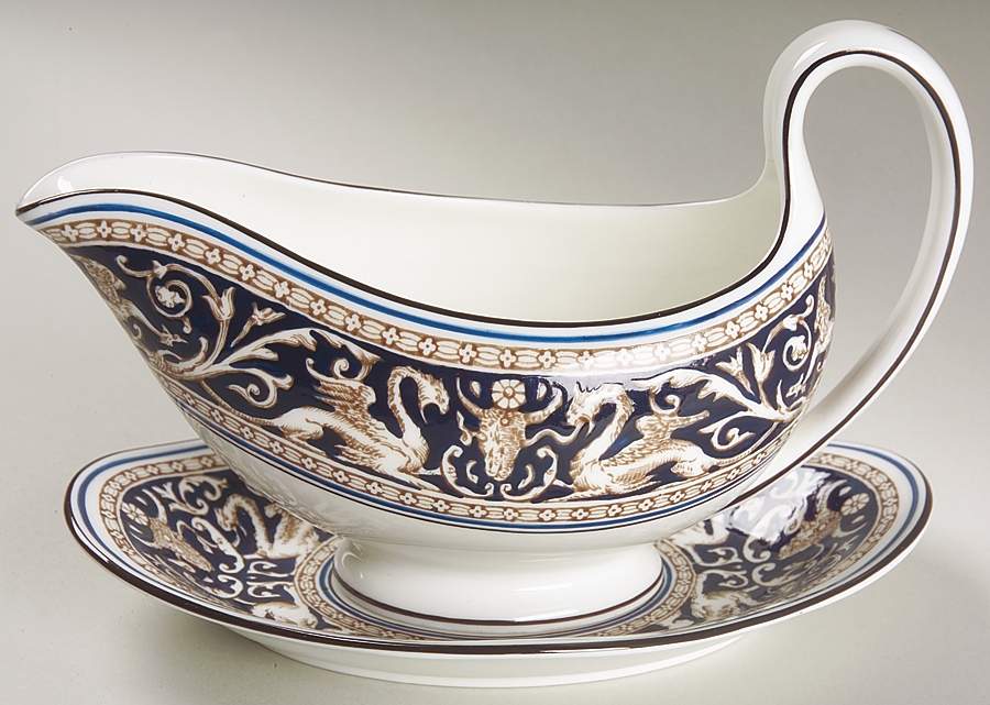 Florentine Dark Blue Rim (Floral Center) Gravy Boat & Underplate by Wedgwood-1