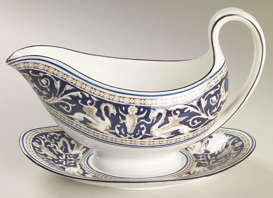 Florentine Dark Blue Rim (Floral Center) Gravy Boat with Attached Underplate by Wedgwood-1