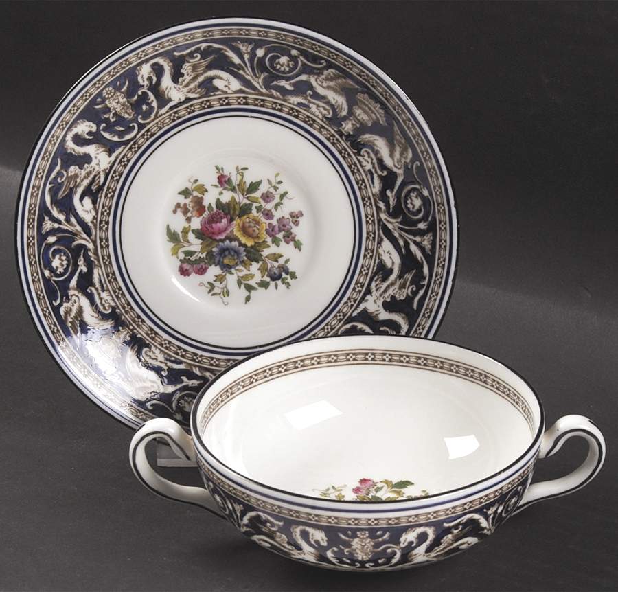 Florentine Dark Blue Rim (Floral Center) Flat Cream Soup & Saucer Set by Wedgwood-1