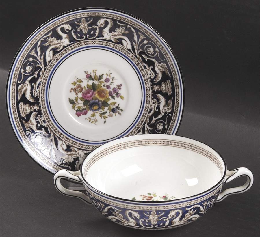 Florentine Dark Blue Rim (Floral Center) Flat Cream Soup Bowl & Saucer Set by Wedgwood-1