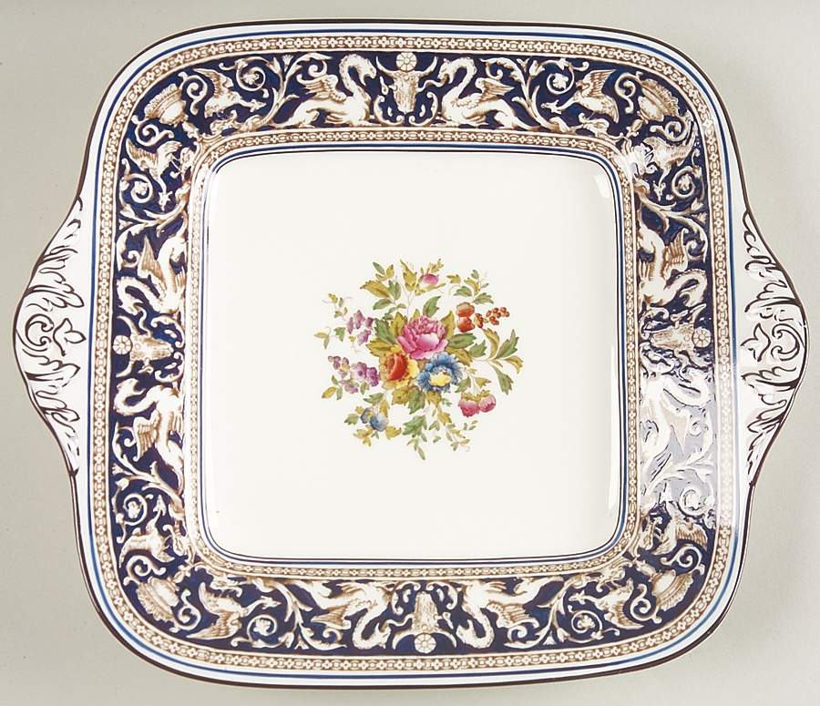 Florentine Dark Blue Rim (Floral Center) Square Handled Cake Plate by Wedgwood-1
