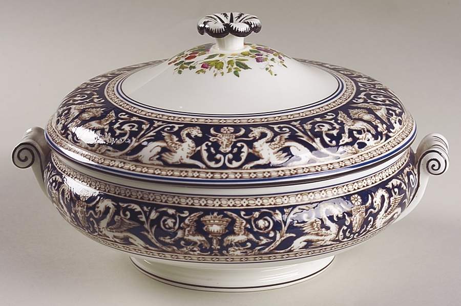 Florentine Dark Blue Rim (Floral Center) Round Covered Vegetable by Wedgwood-1