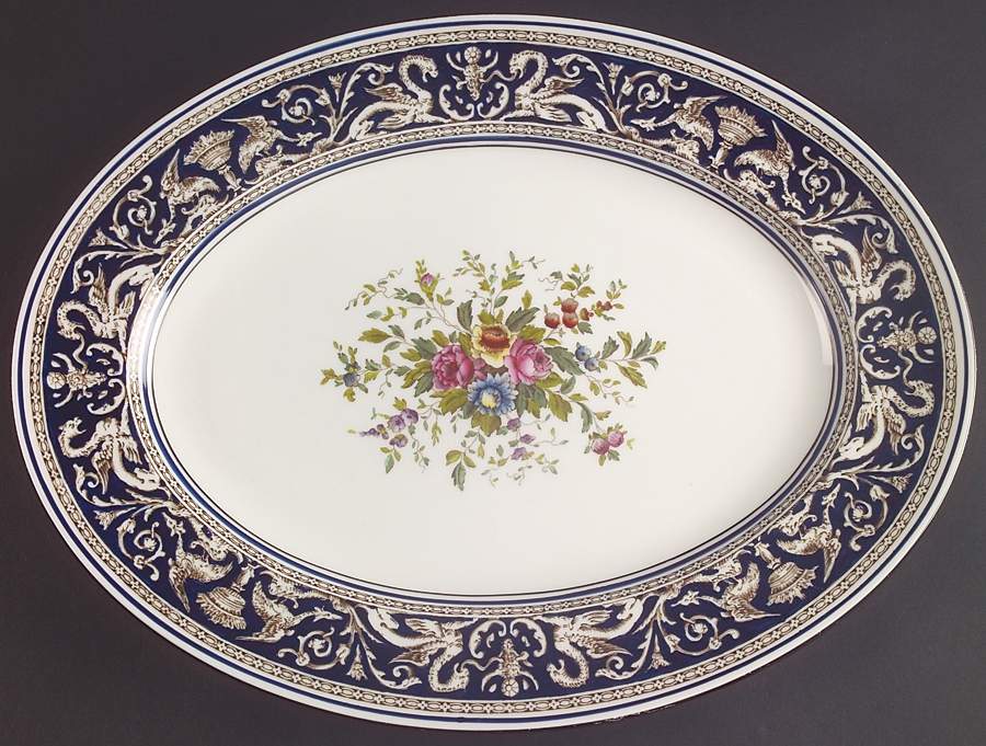 Florentine Dark Blue Rim (Floral Center) 15" Oval Serving Platter by Wedgwood-1