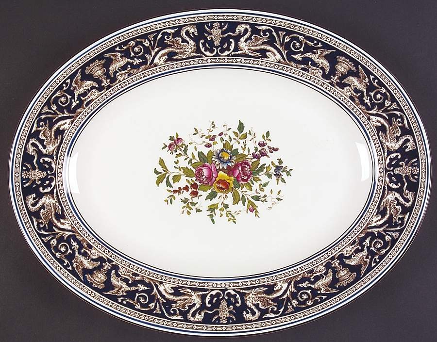 Florentine Dark Blue Rim (Floral Center) 13" Oval Serving Platter by Wedgwood-1
