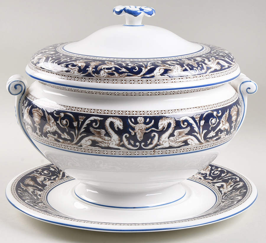 Florentine Dark Blue Rim (No Center Design) Tureen & Lid w/Underplate by Wedgwood-1