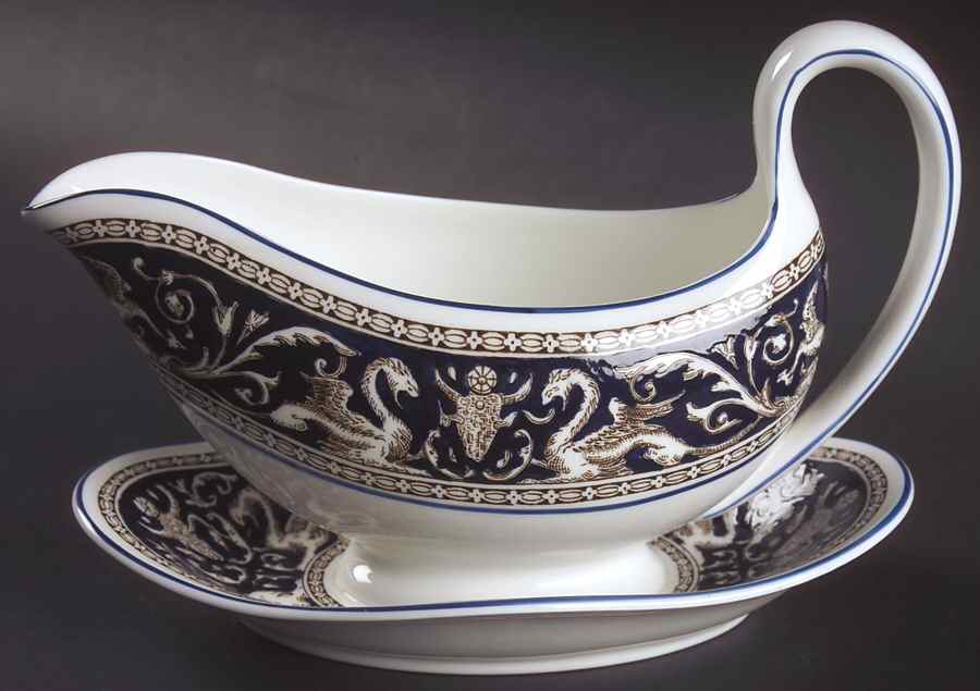 Florentine Dark Blue Rim (No Center Design) Gravy Boat with Attached Underplate by Wedgwood-1