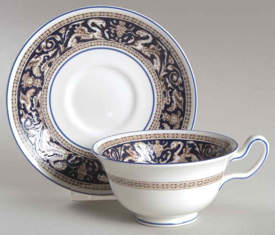 Florentine Dark Blue Rim (No Center Design) Peony Shape Footed Cup & Saucer Set by Wedgwood-1
