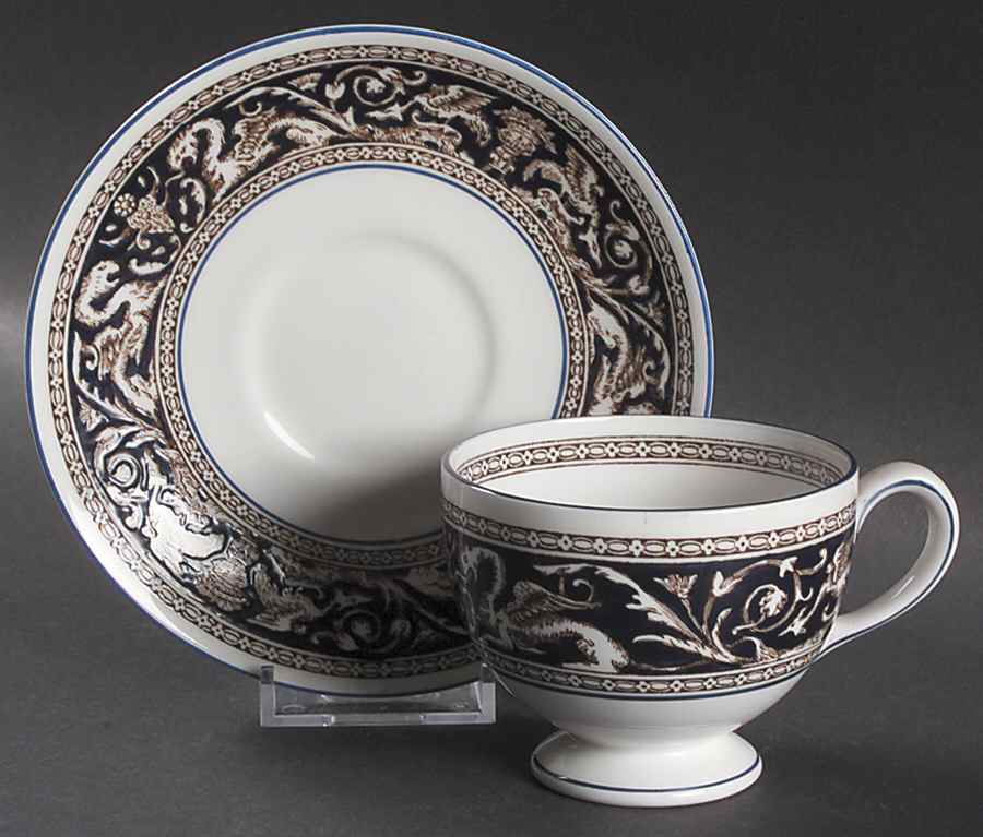 Florentine Dark Blue Rim (No Center Design) Leigh Shape Footed Cup & Saucer Set by Wedgwood-1