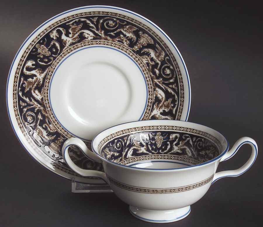 Florentine Dark Blue Rim (No Center Design) Footed Cream Soup Bowl & Saucer Set by Wedgwood-1